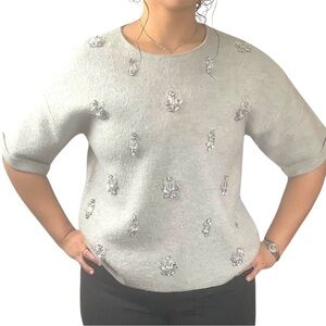 Ann Taylor Embellished Rhinestone Gem Boiled Wool Crewneck Sweater Large